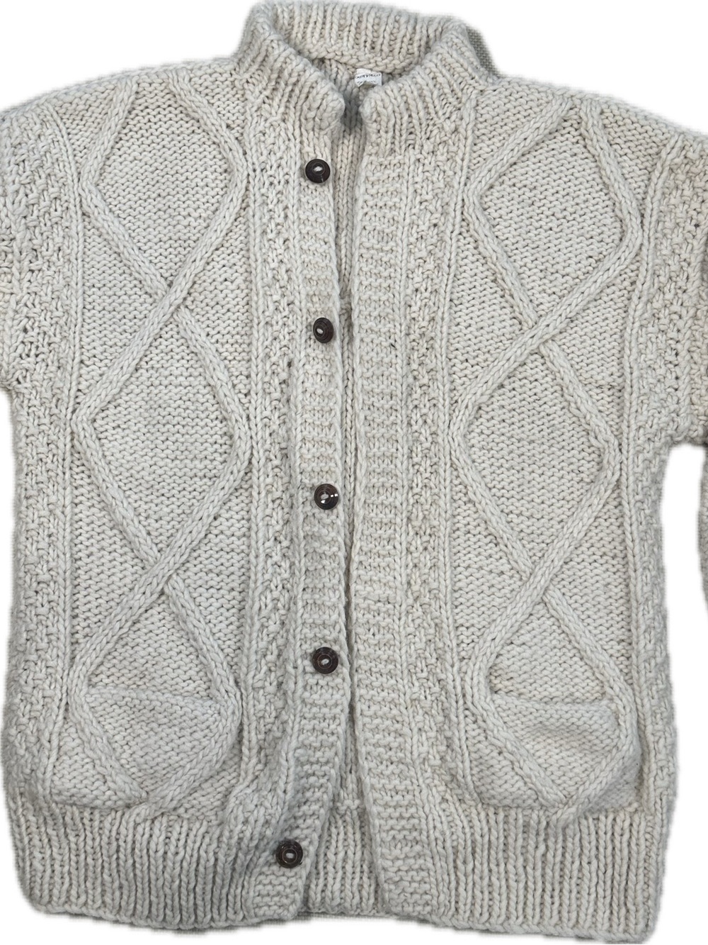 Vtg Otavalo Ecuador Hand Knit 100% Wool Cable Cardigan Sweater Cream Unisex L/XL